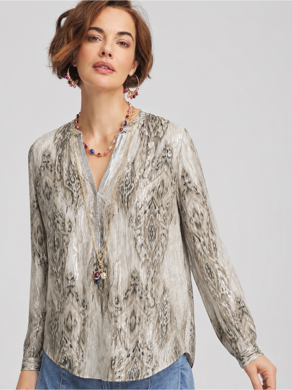 NEW Chico's 2 Neutral Ikat-Pattern Long-Sleeve Tunic Metallic Allover Boho Chic